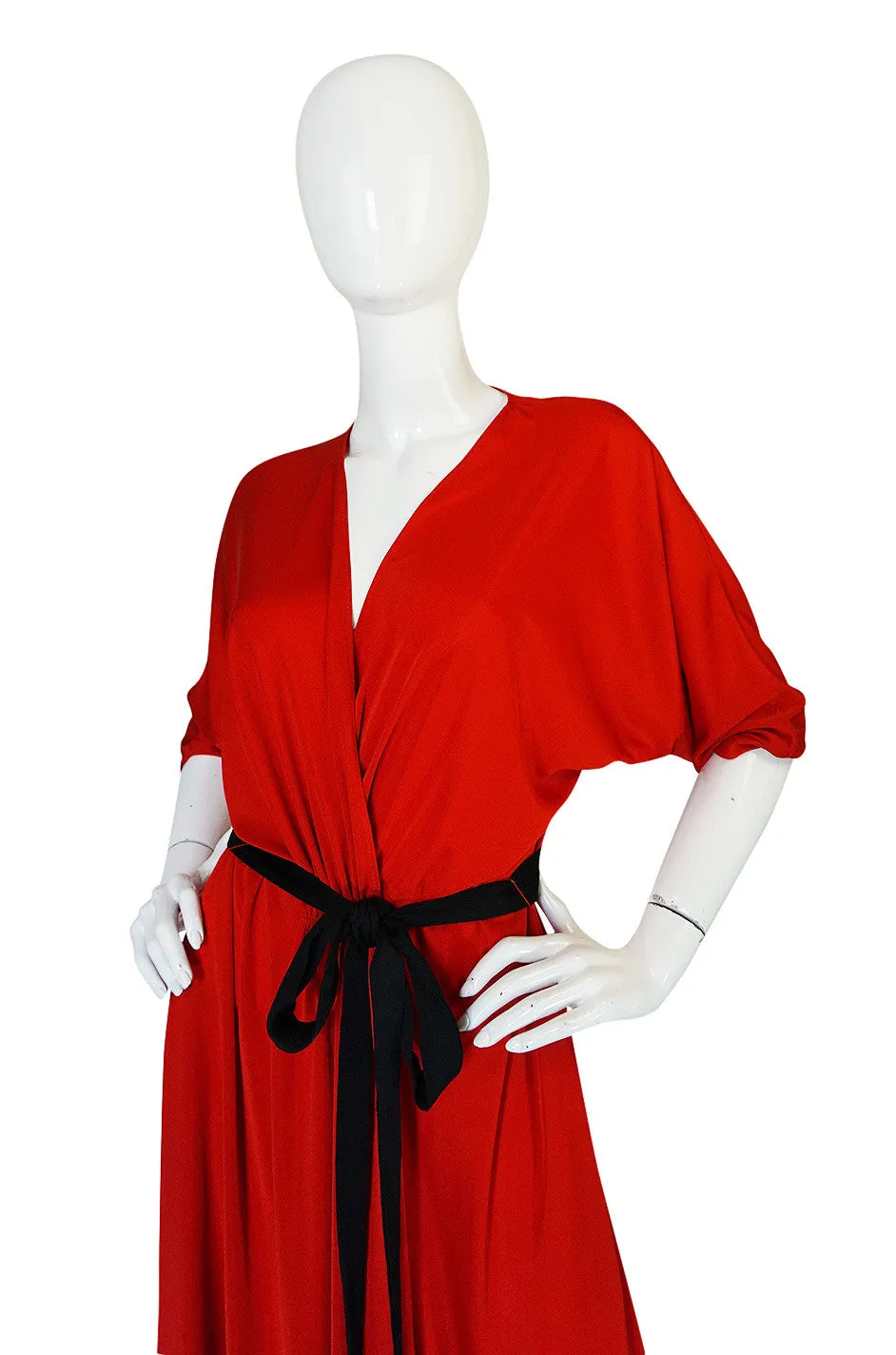 1970s Bill Blass Brilliant Red Nylon Jersey Wrap Dress