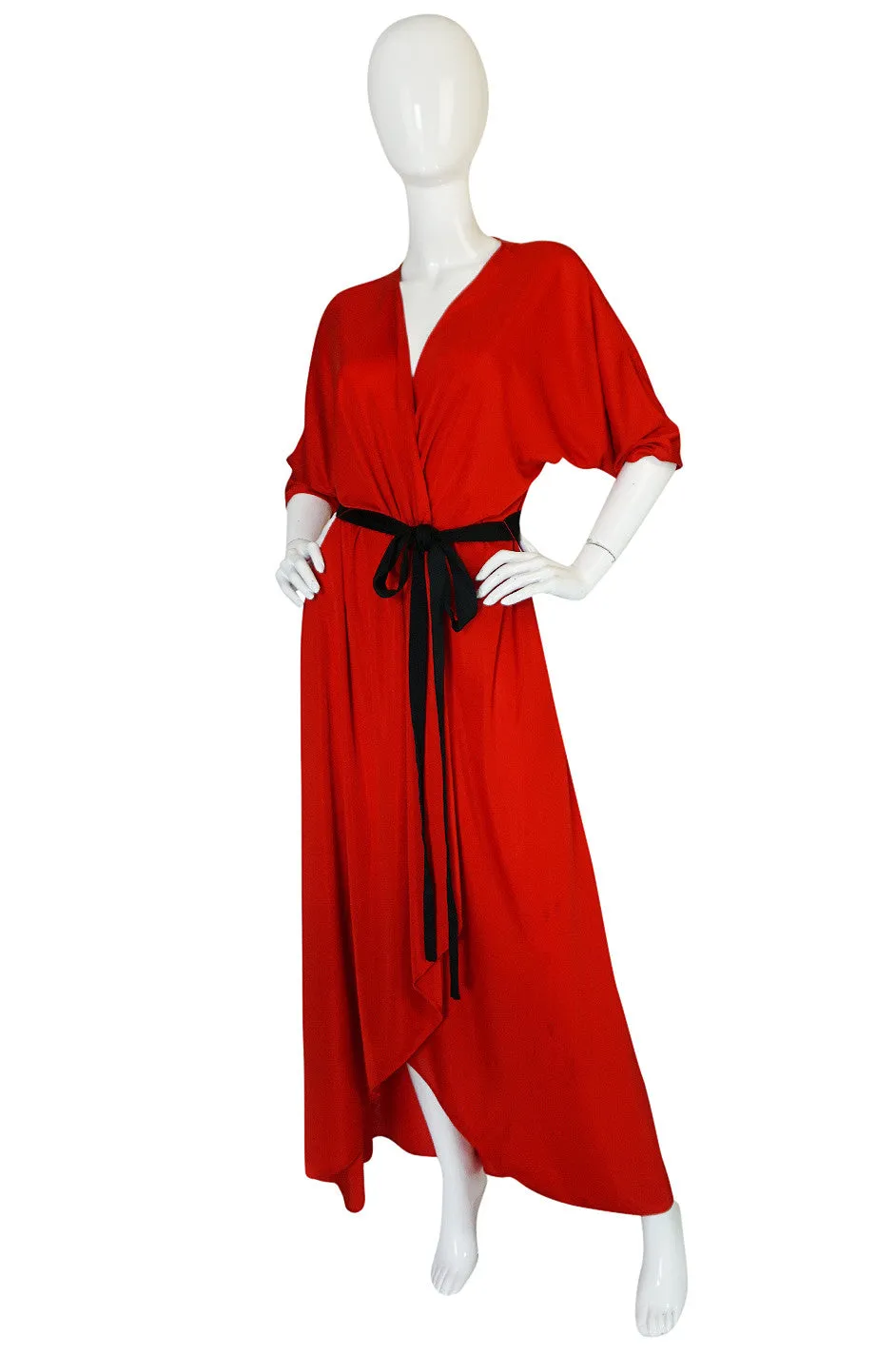 1970s Bill Blass Brilliant Red Nylon Jersey Wrap Dress