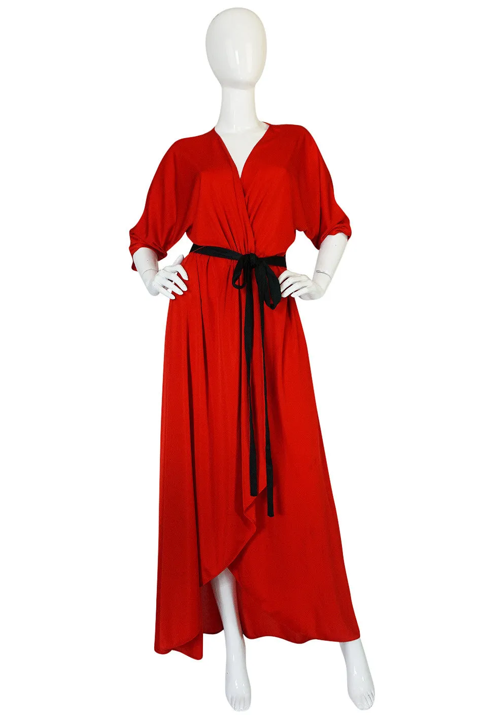 1970s Bill Blass Brilliant Red Nylon Jersey Wrap Dress