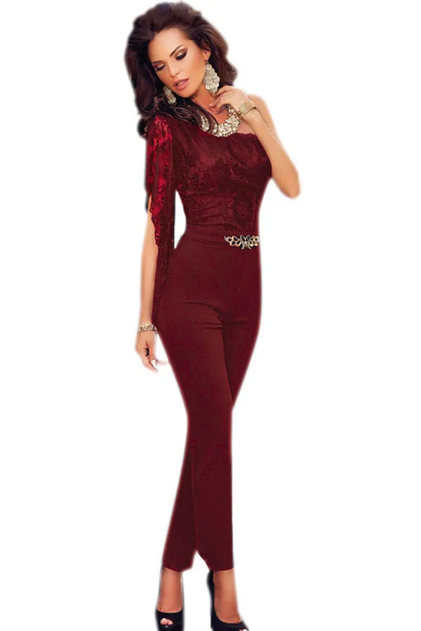 Asymmetric One Sleeve Lace Bodice Jumpsuit body suits rompers overall for women