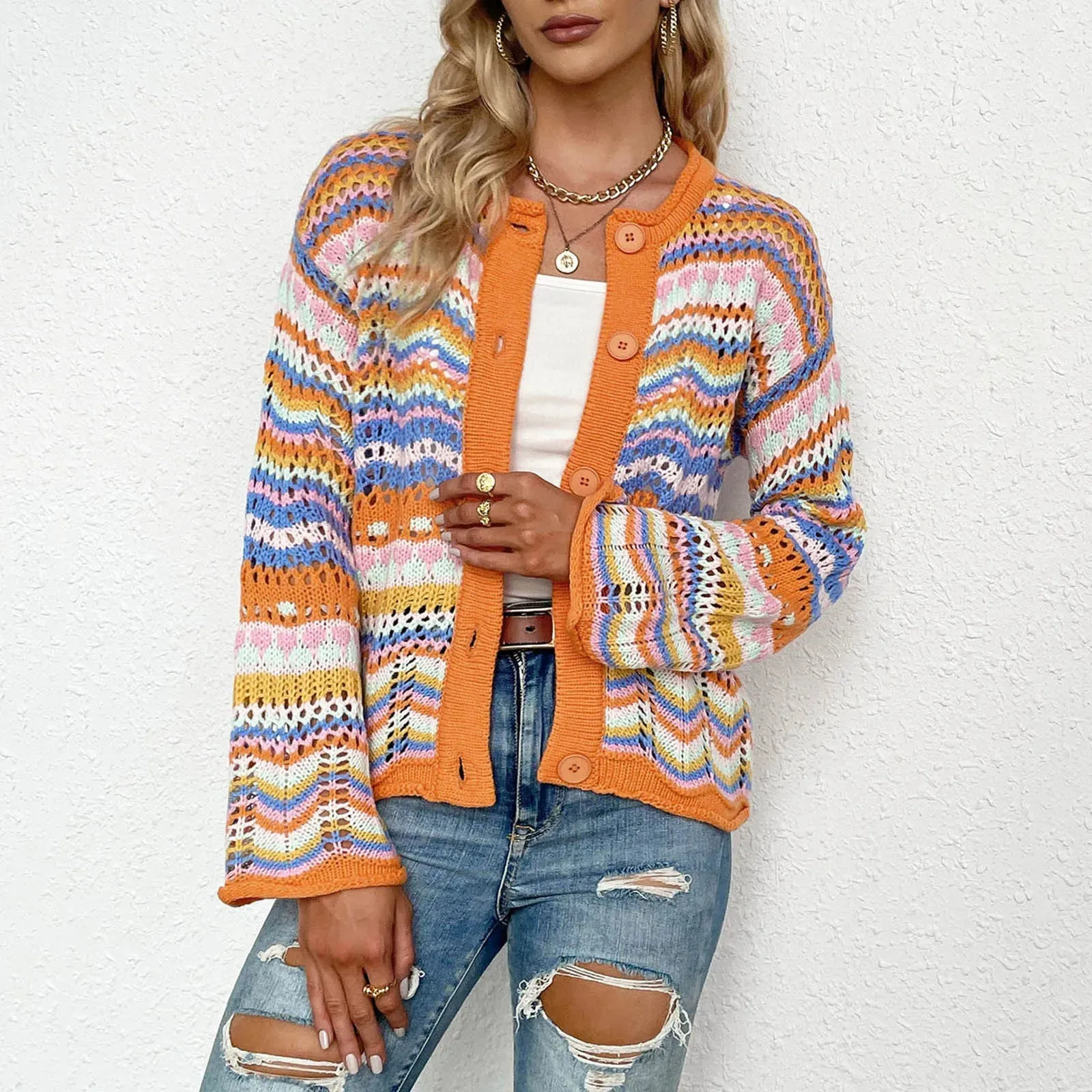 Autumn Light Weight Cardigans Ladies Striped Sweater Loose Rainbow Color Matching Cardigan With Button Fashion Trend Tops