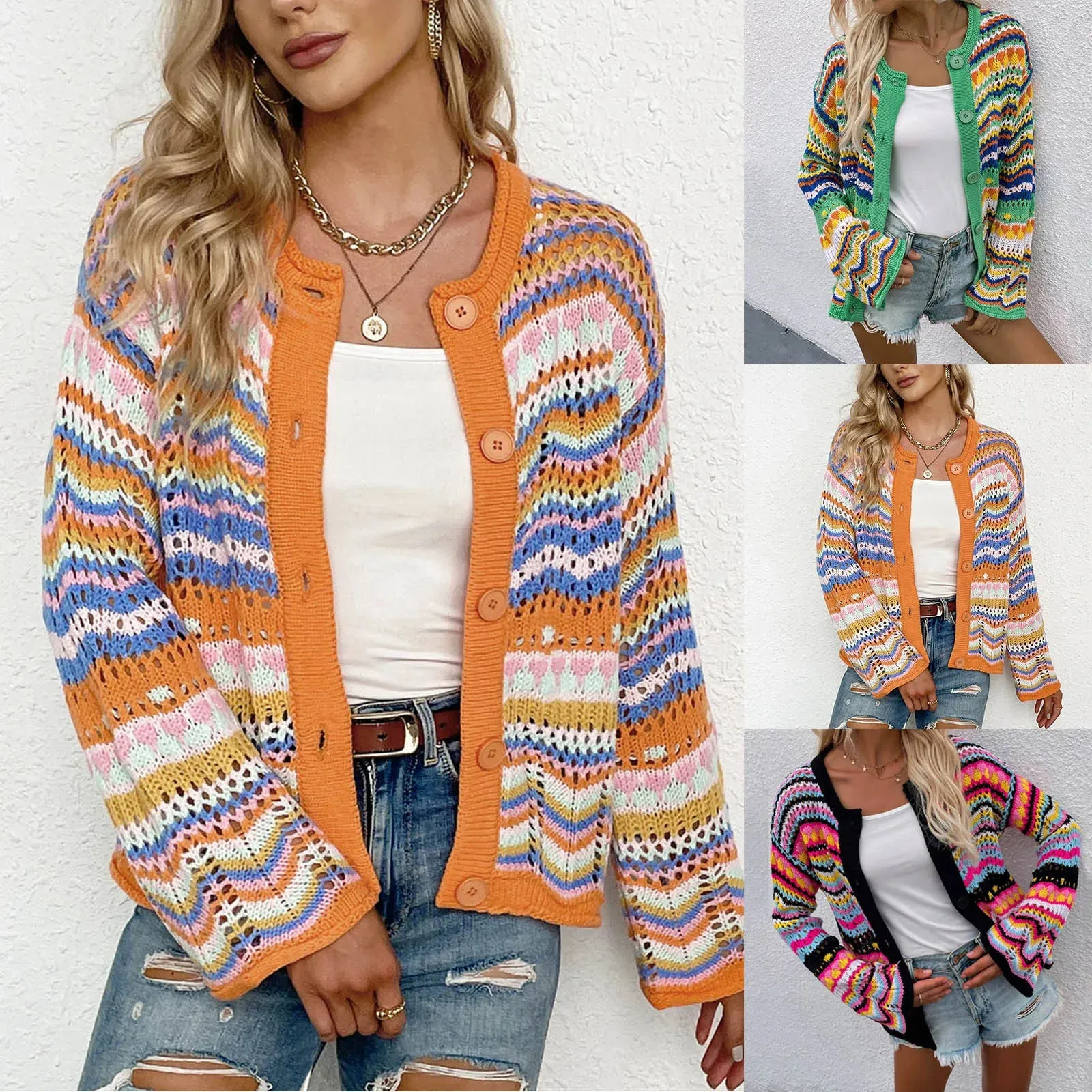 Autumn Light Weight Cardigans Ladies Striped Sweater Loose Rainbow Color Matching Cardigan With Button Fashion Trend Tops