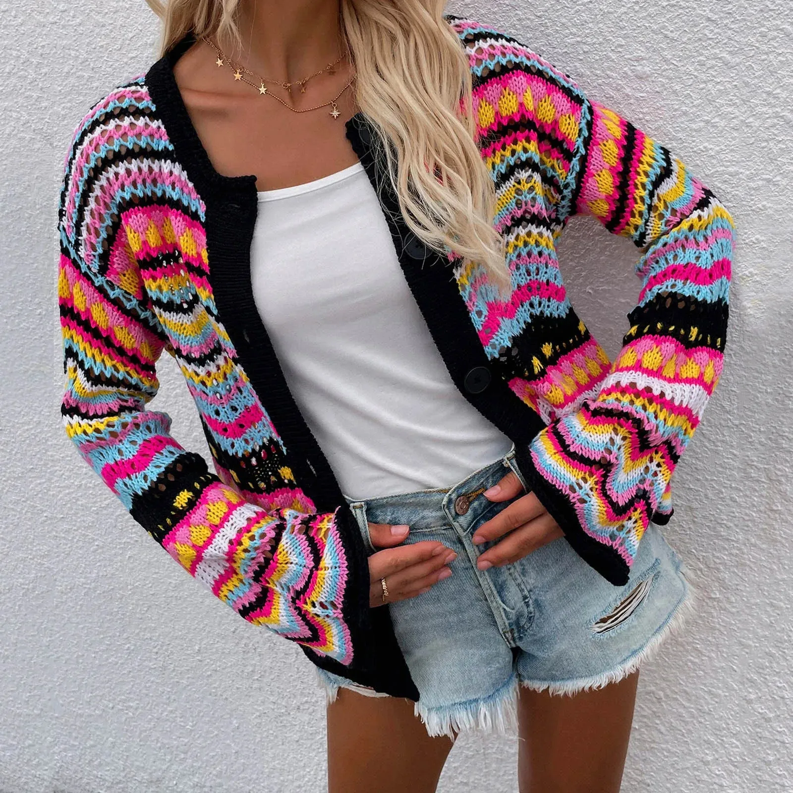 Autumn Light Weight Cardigans Ladies Striped Sweater Loose Rainbow Color Matching Cardigan With Button Fashion Trend Tops
