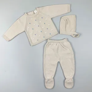 Baby 3 Piece Knitted Set - Trousers, Top & Hat - Beige