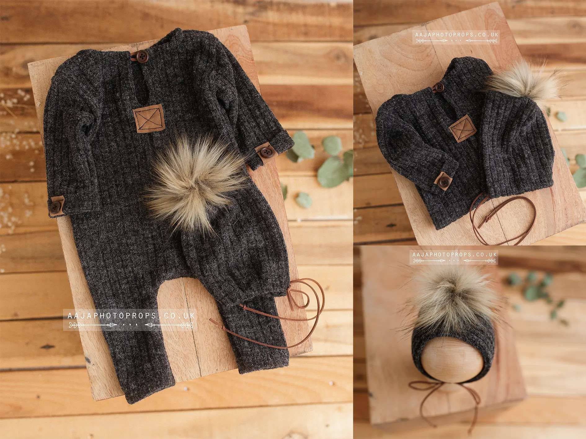 Baby bonnet and romper, charcoal grey, pyjama, boho, made to order