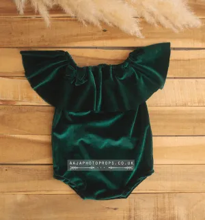 Baby girl velvet romper, frilly, dark green, RTS