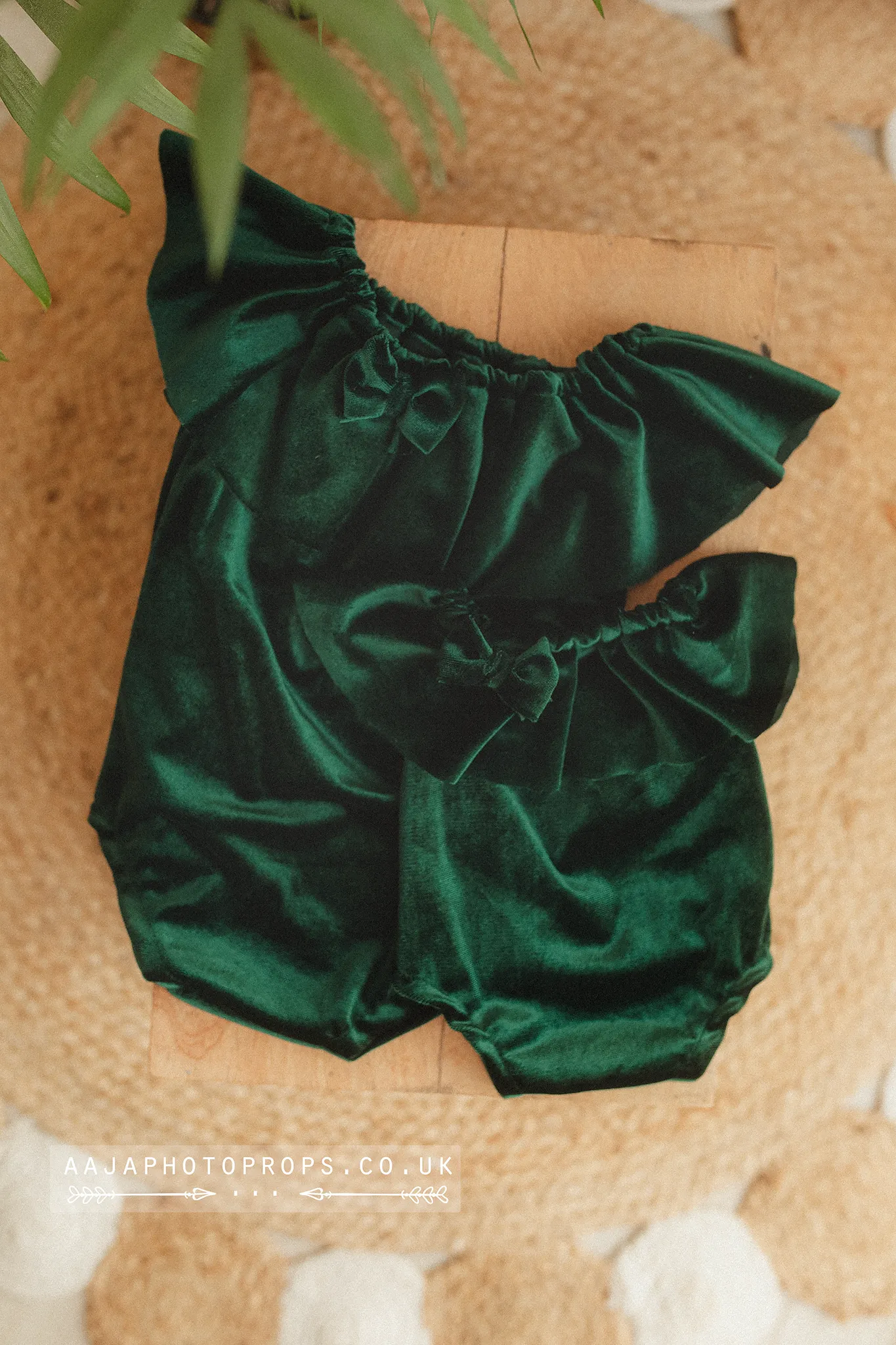Baby girl velvet romper, frilly, dark green, RTS