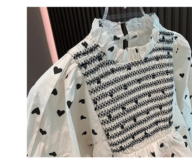 Baby Girls Heart Print Elegant Long Sleeve Loose Cotton Blouse - Cream