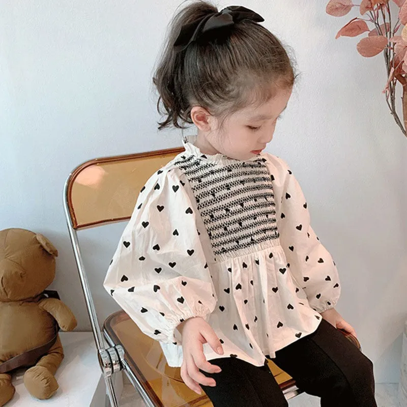 Baby Girls Heart Print Elegant Long Sleeve Loose Cotton Blouse - Cream