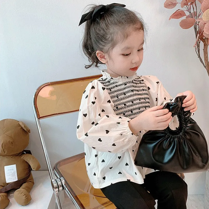 Baby Girls Heart Print Elegant Long Sleeve Loose Cotton Blouse - Cream