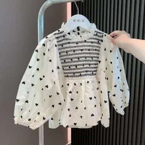Baby Girls Heart Print Elegant Long Sleeve Loose Cotton Blouse - Cream