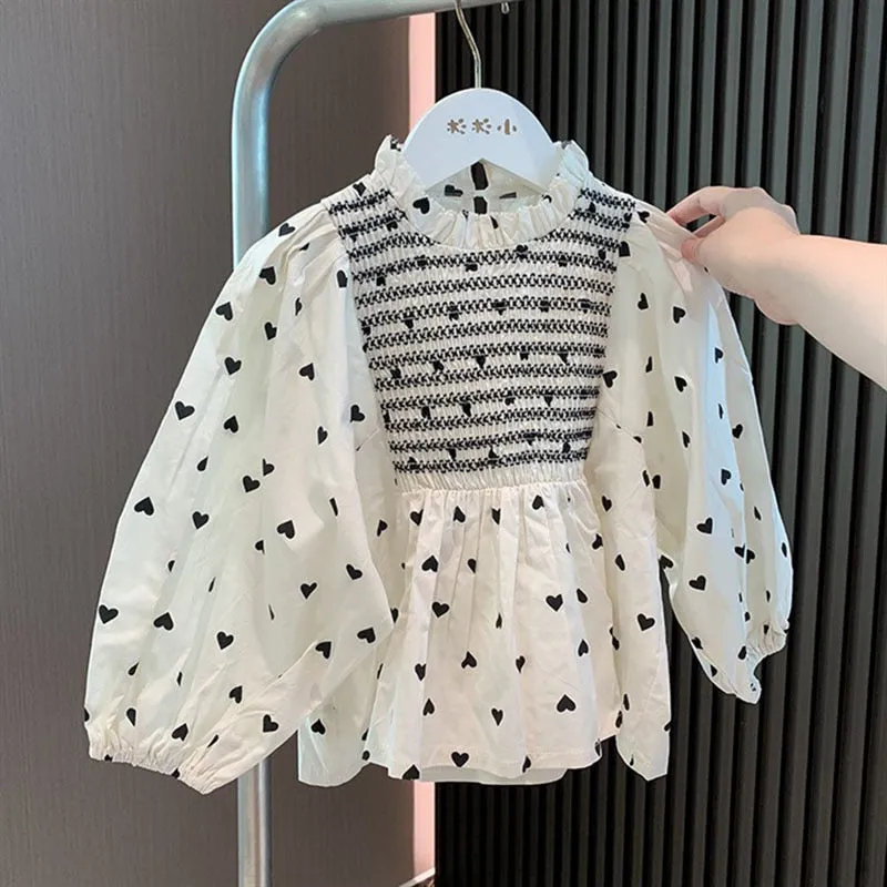 Baby Girls Heart Print Elegant Long Sleeve Loose Cotton Blouse - Cream
