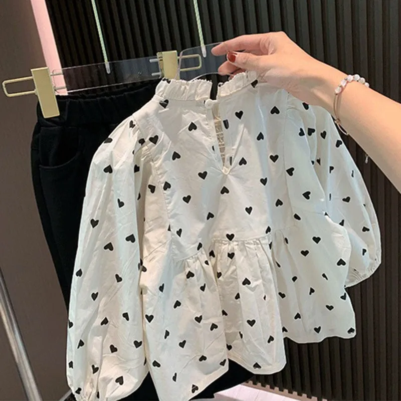 Baby Girls Heart Print Elegant Long Sleeve Loose Cotton Blouse - Cream