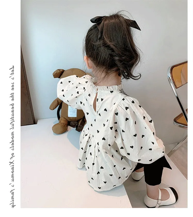 Baby Girls Heart Print Elegant Long Sleeve Loose Cotton Blouse - Cream