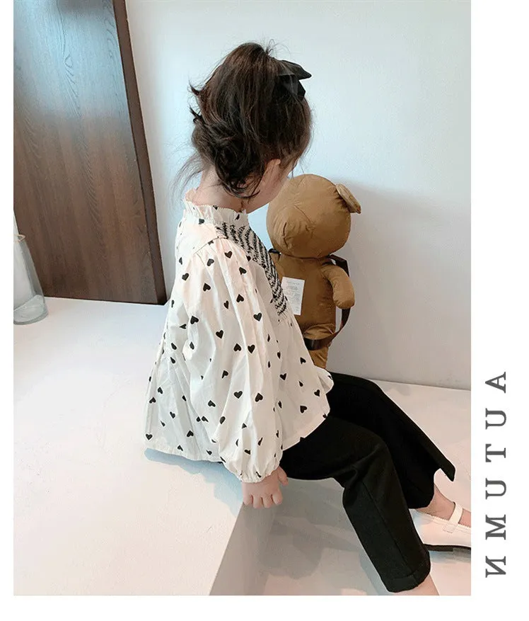 Baby Girls Heart Print Elegant Long Sleeve Loose Cotton Blouse - Cream