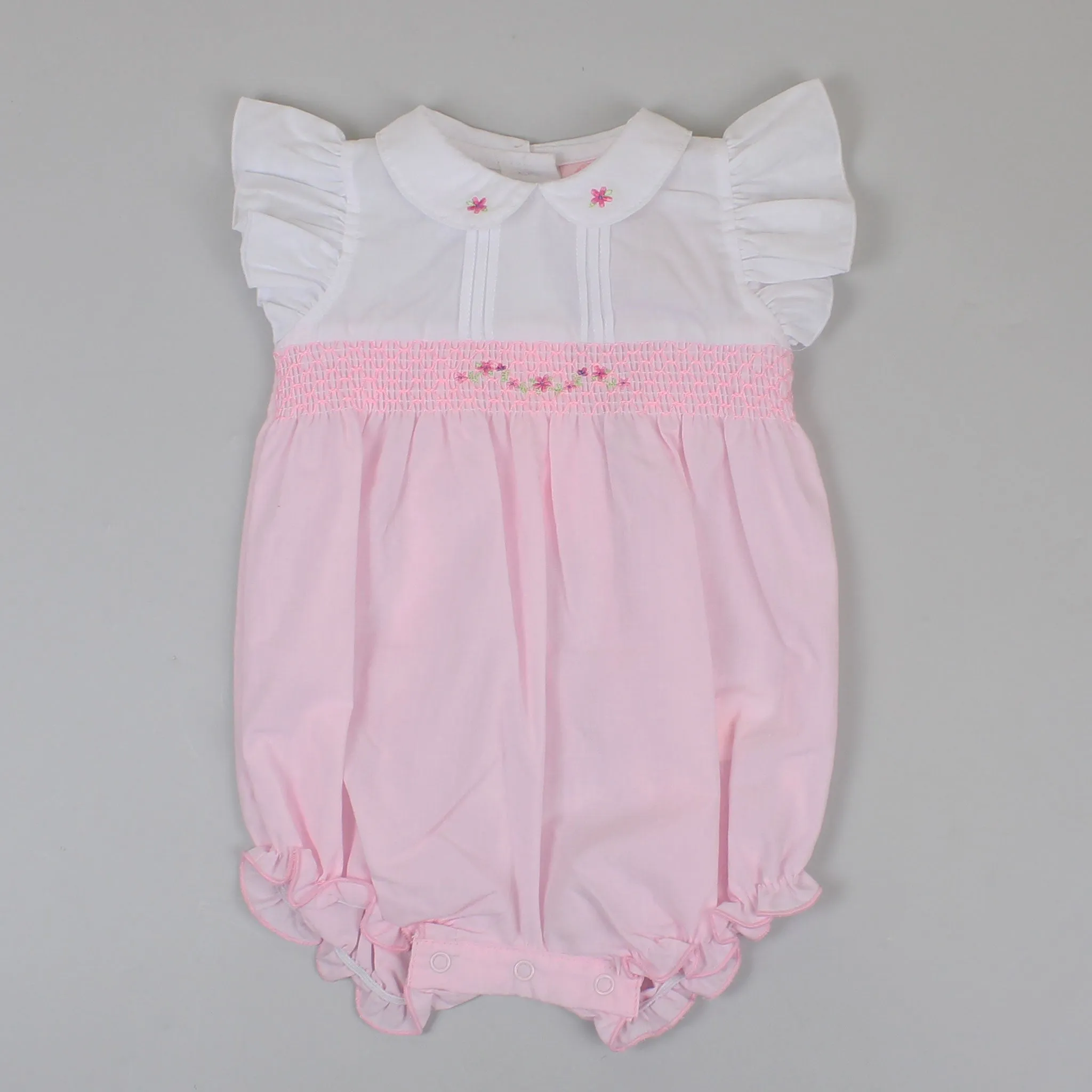 Baby Girls Romper with Smocking - Pink / White