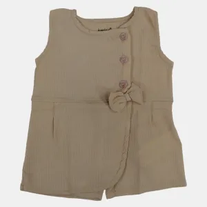 Baby Girls' Sleeveless Cotton Romper – Beige with Bow