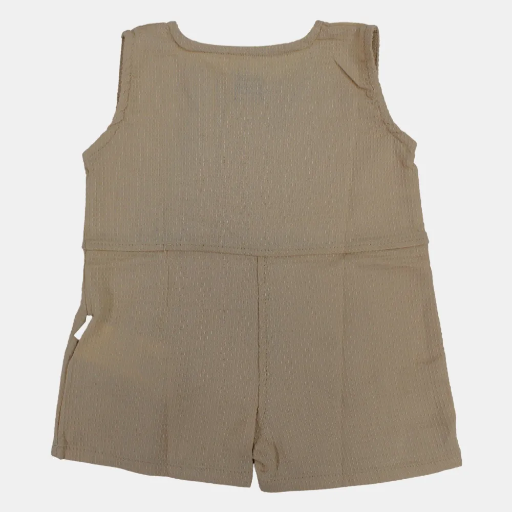 Baby Girls' Sleeveless Cotton Romper – Beige with Bow