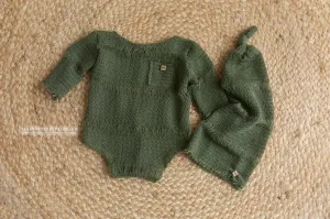 Baby hat and romper, khaki green, boho, made to order