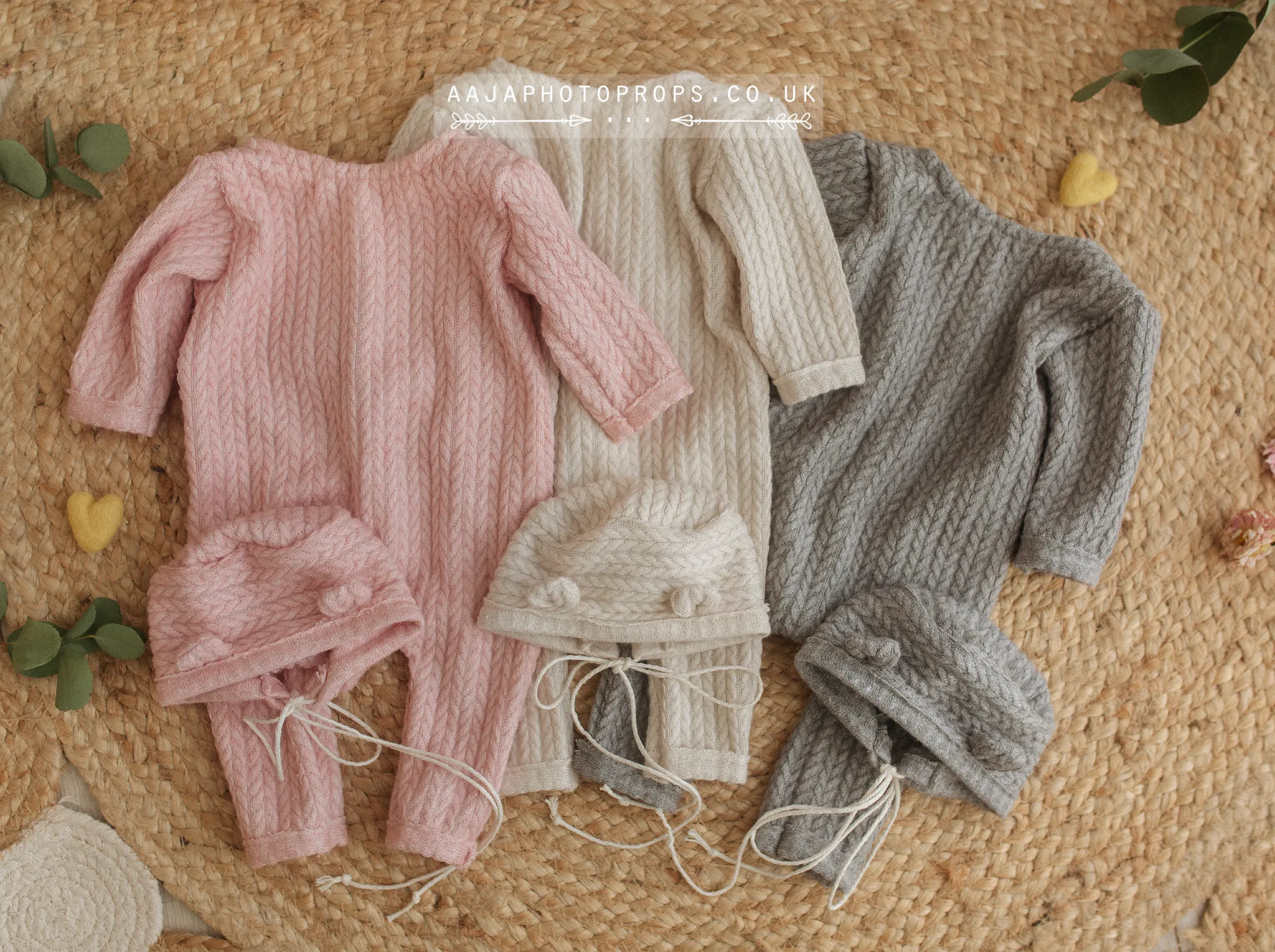 Baby newborn bear bonnet and romper, off white, cable, pyjama, made to order