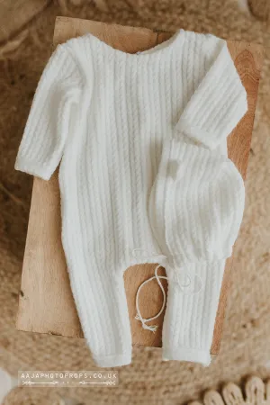 Baby newborn bear bonnet and romper, off white, cable, pyjama, made to order