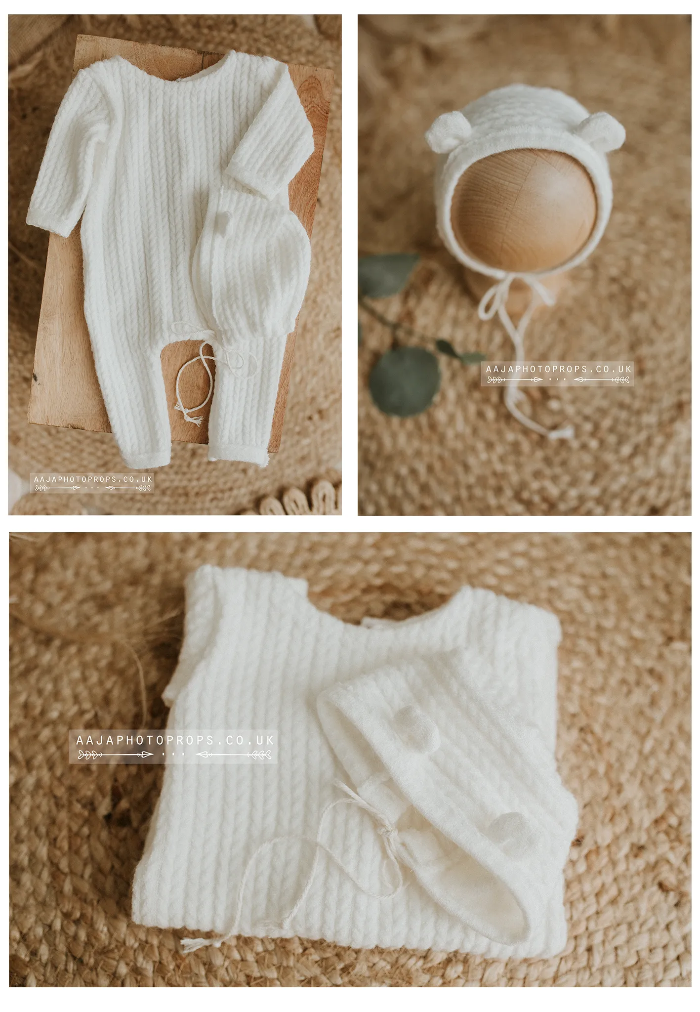 Baby newborn bear bonnet and romper, off white, cable, pyjama, made to order