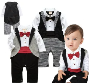 Baby tuxedo jumpsuit boy gentlemen bow tie rompers 2 colors long sleeve plaid jumpsuit wedding birthday party clothes