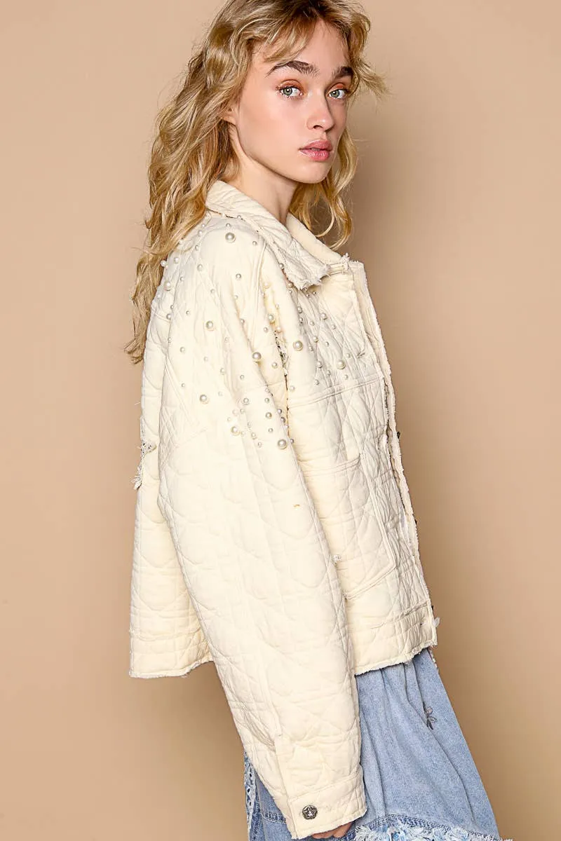 Balloon sleeve stud detail woven quilted jacket: Cream