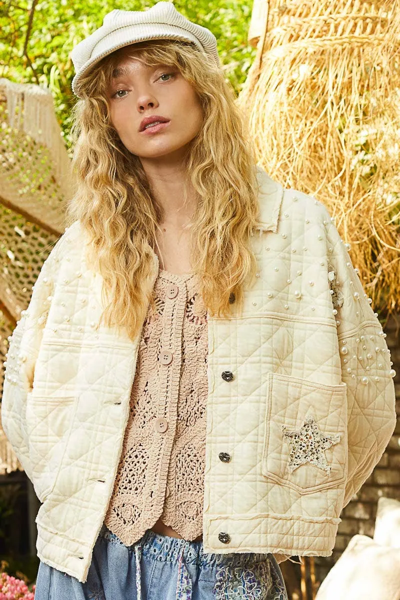 Balloon sleeve stud detail woven quilted jacket: Cream