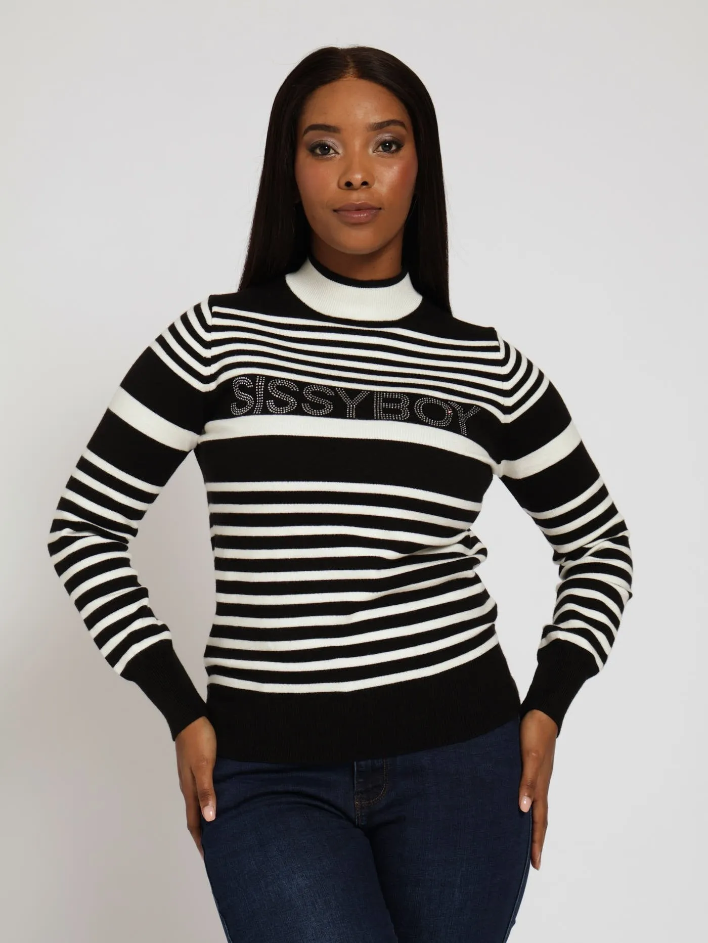 B&W Stripe Knit With Diamante Branding - Black