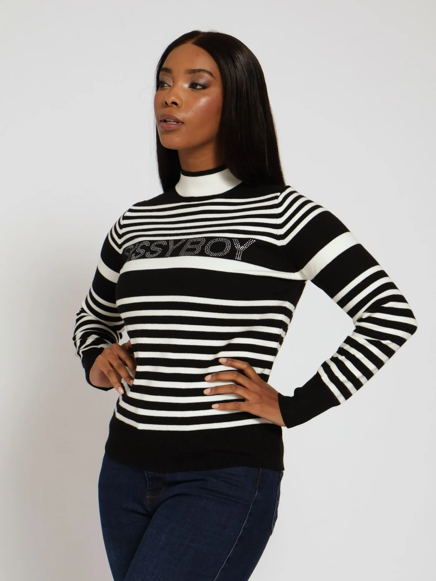 B&W Stripe Knit With Diamante Branding - Black