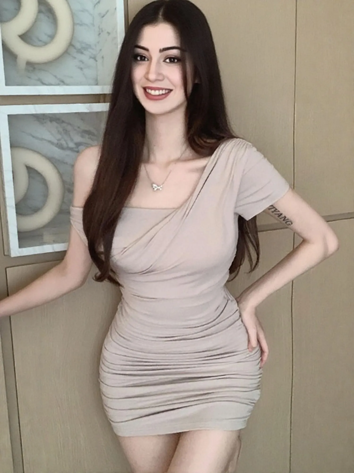 Beige Off Shoulder Dress