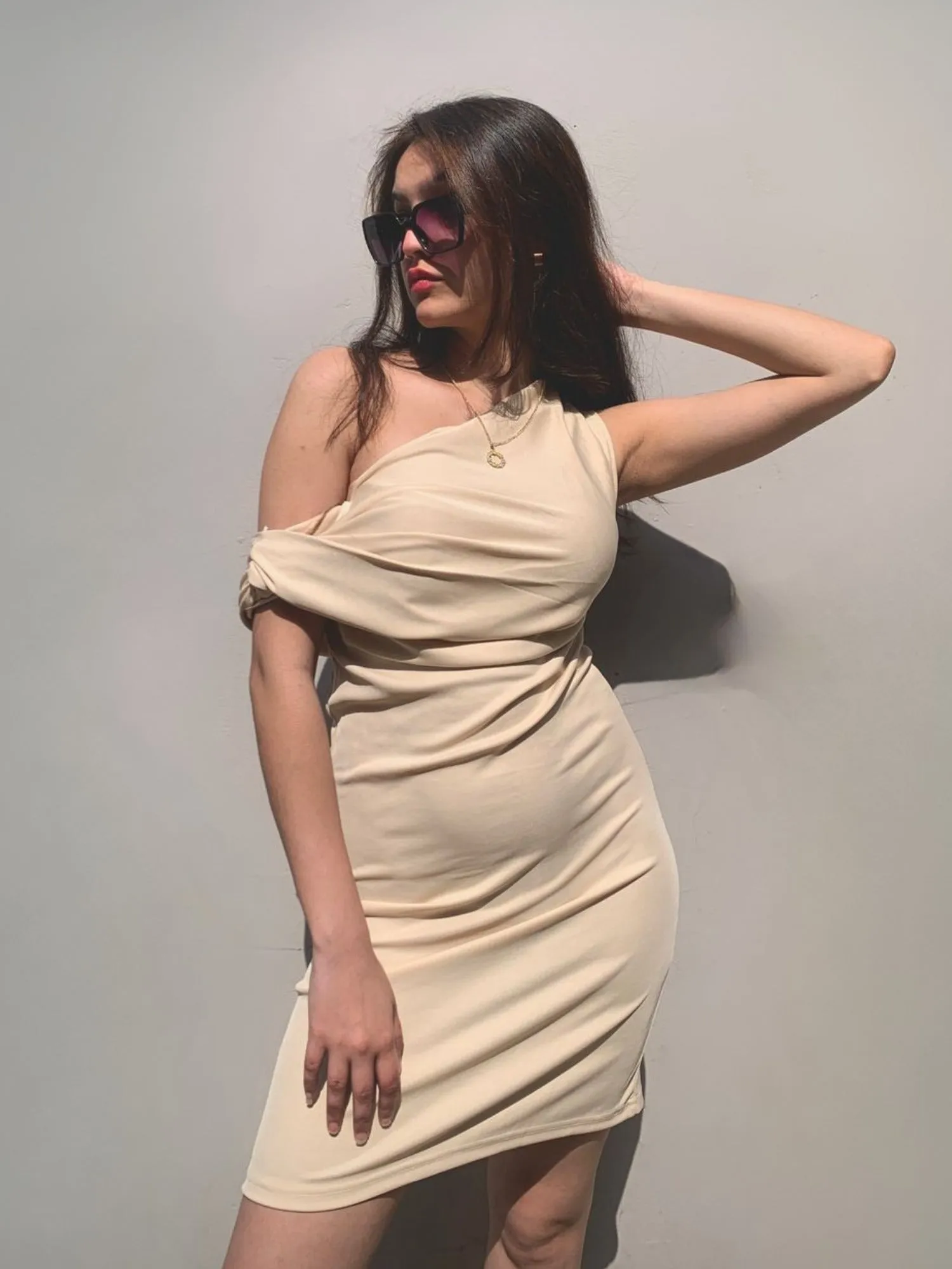Beige Off Shoulder Dress
