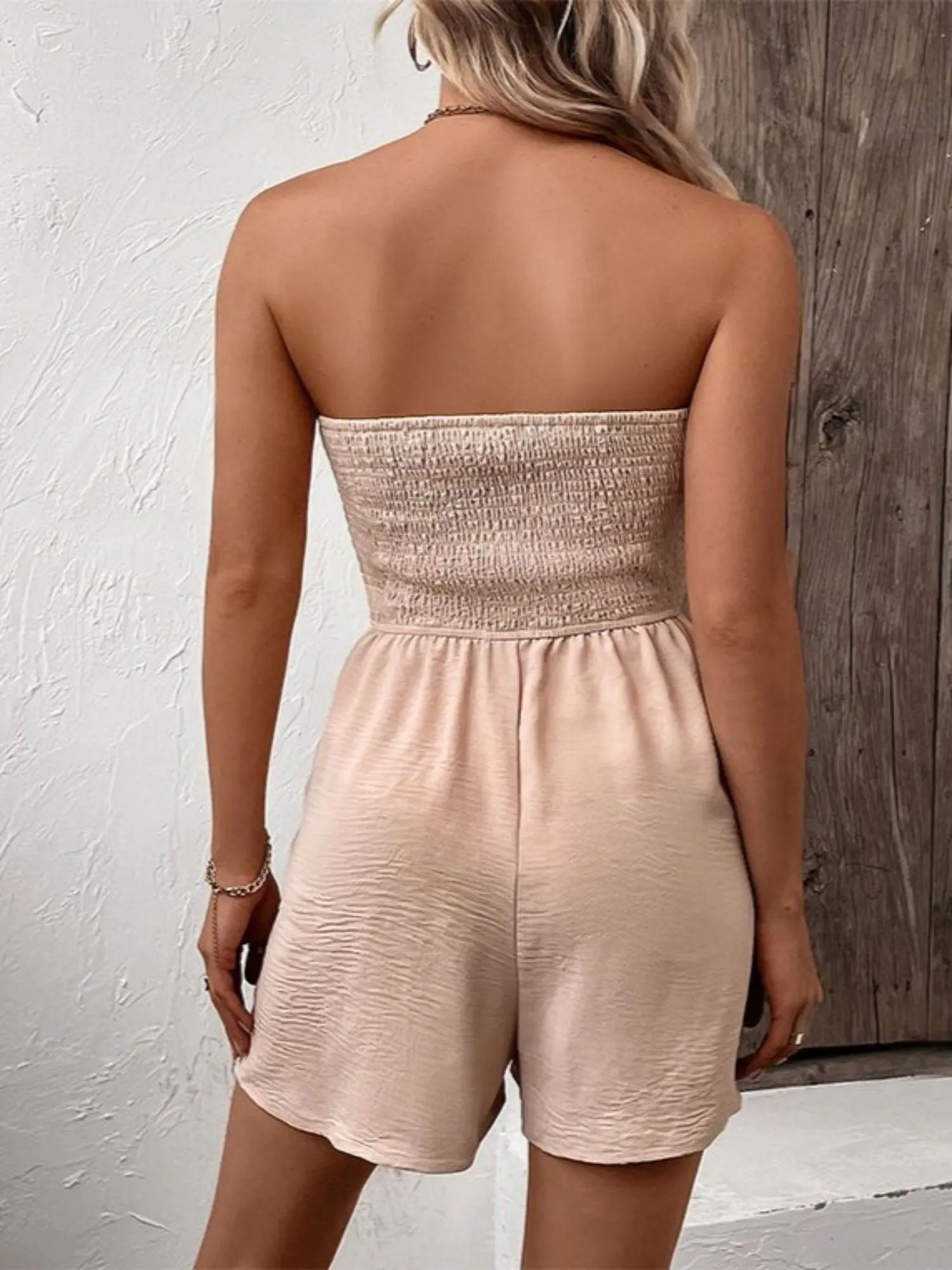 Beige Smocked Tube Romper Dress