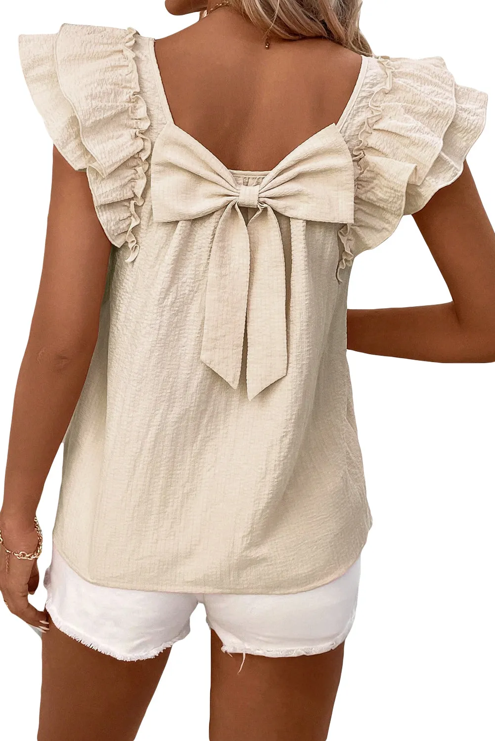 Beige Textured Bow Knot Frilled Butterfly Sleeve Blouse