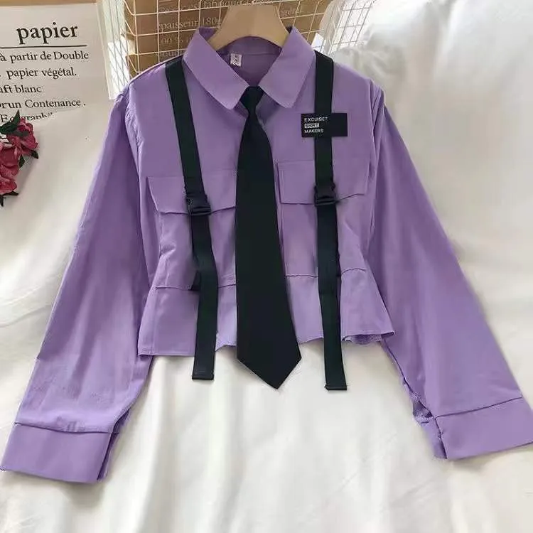 BerryBetty - Spring Outfits 2024 Trends Harajuku Women Shirts And Blouses Feminine Tie Pocket Top Casual White Turn-down Collar OL Style Female Blouses Streetwear