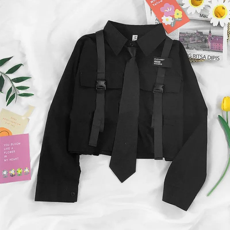 BerryBetty - Spring Outfits 2024 Trends Harajuku Women Shirts And Blouses Feminine Tie Pocket Top Casual White Turn-down Collar OL Style Female Blouses Streetwear