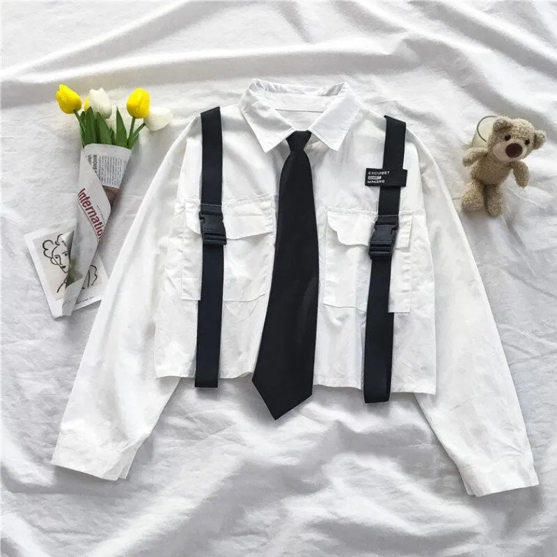 BerryBetty - Spring Outfits 2024 Trends Harajuku Women Shirts And Blouses Feminine Tie Pocket Top Casual White Turn-down Collar OL Style Female Blouses Streetwear