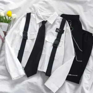 BerryBetty - Spring Outfits 2024 Trends Harajuku Women Shirts And Blouses Feminine Tie Pocket Top Casual White Turn-down Collar OL Style Female Blouses Streetwear