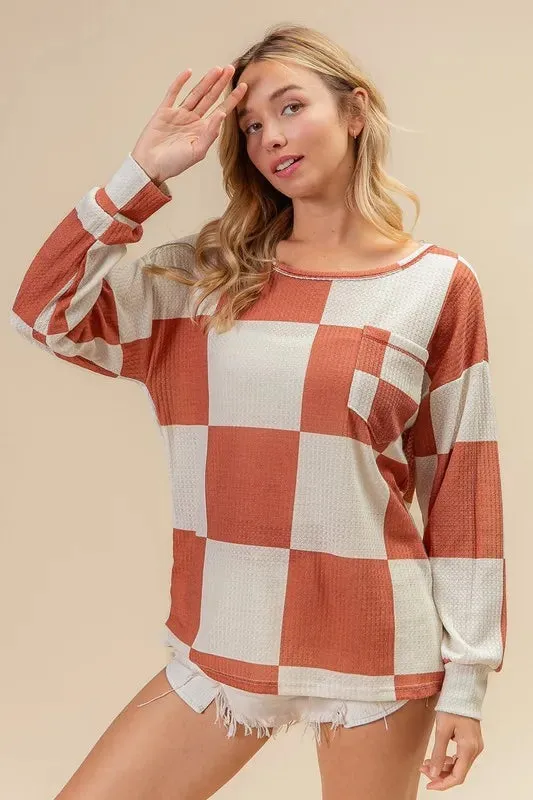 BiBi Checker Printed Hacci Top With Front Pocket