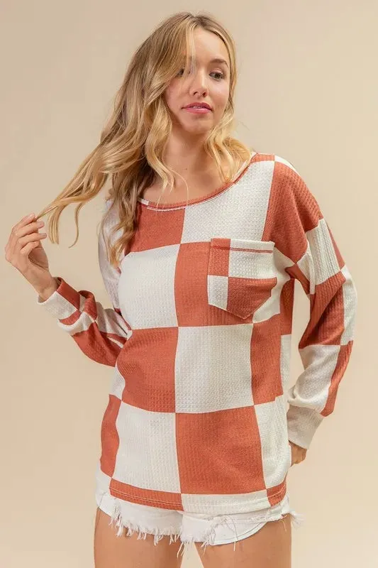 BiBi Checker Printed Hacci Top With Front Pocket