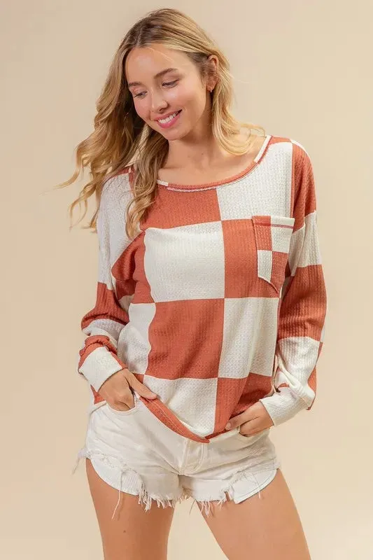BiBi Checker Printed Hacci Top With Front Pocket