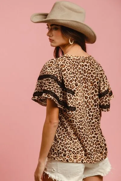 BIBI LEOPARD CROCHET TRIM ROUND NECK SLEEVE TOP