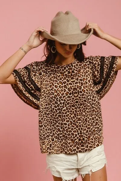 BIBI LEOPARD CROCHET TRIM ROUND NECK SLEEVE TOP