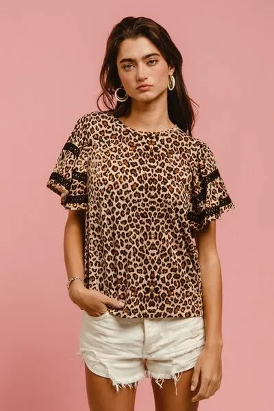 BIBI LEOPARD CROCHET TRIM ROUND NECK SLEEVE TOP