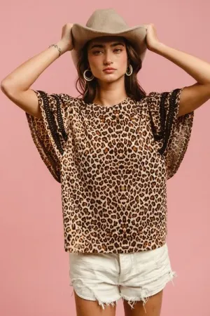 BIBI LEOPARD CROCHET TRIM ROUND NECK SLEEVE TOP