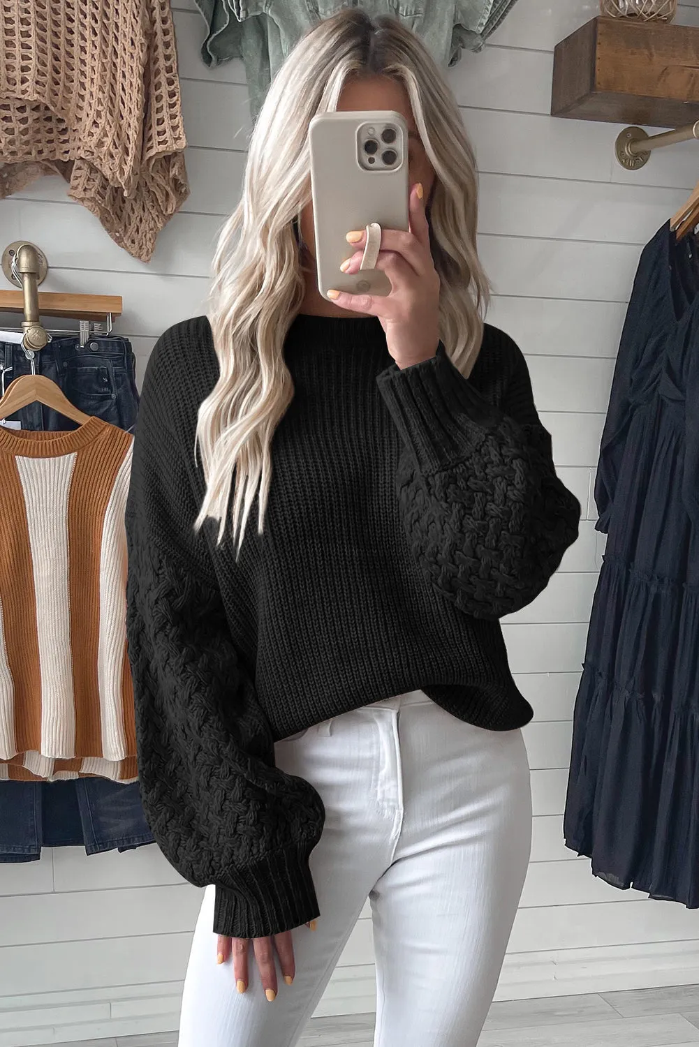 Black Cable Knit Sleeve Drop Shoulder Sweater