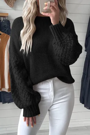 Black Cable Knit Sleeve Drop Shoulder Sweater