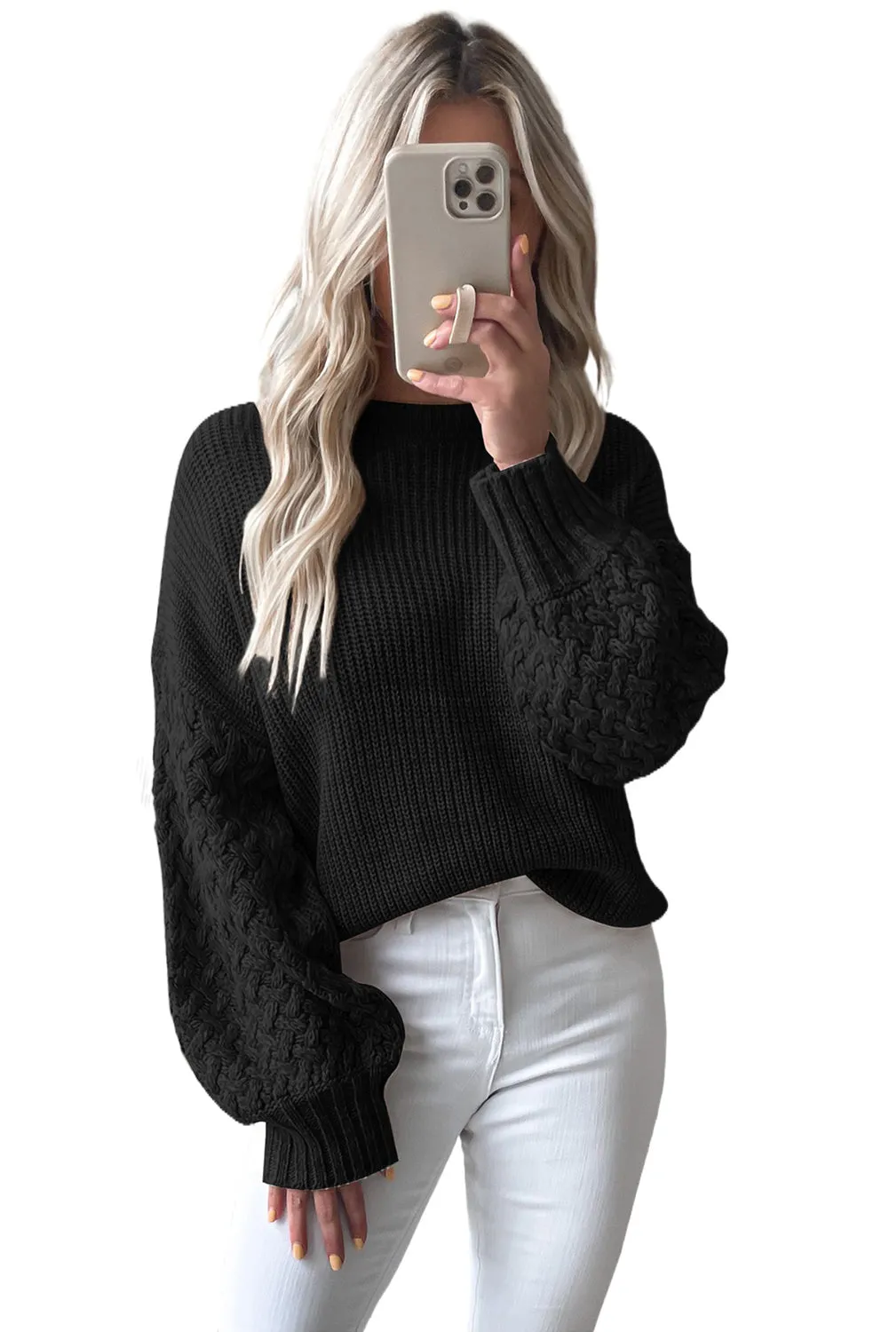 Black Cable Knit Sleeve Drop Shoulder Sweater