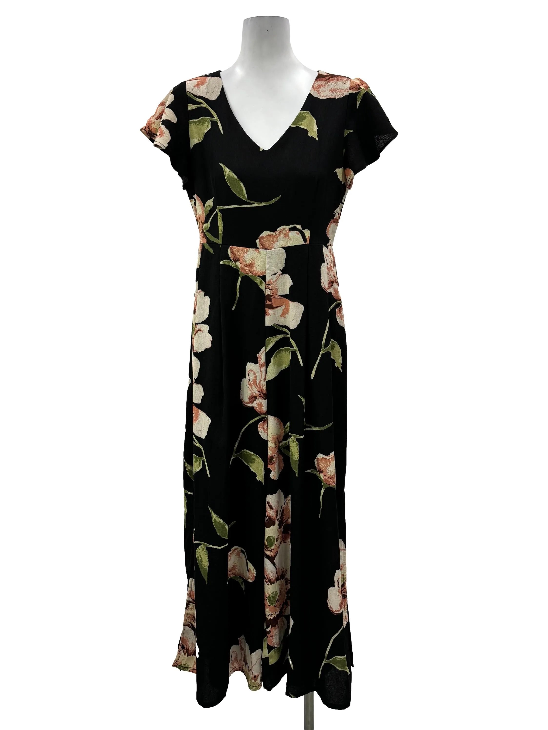 Black Flower V Neck Jumpsuit